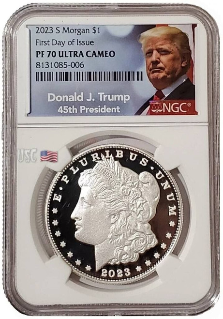 2023-S $1 MORGAN DOLLAR NGC PR70UCAM FDOI Donald Trump Label Silver Proof Coin.
