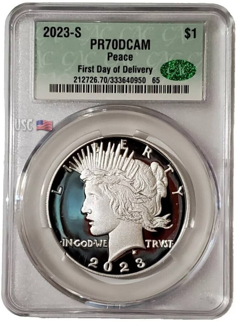 2023-S $1 PEACE DOLLAR CAC PR70DCAM First Day Of Delivery Silver Proof Coin.