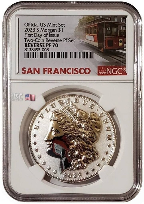 2023-S Reverse Proof MORGAN DOLLAR NGC PF70 FDOI Trolley Label White Slab Silver Coin.