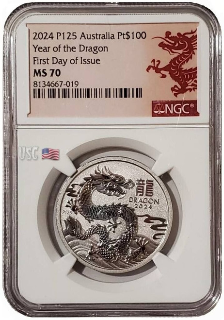 2024 1 Oz PLATINUM $100 Australia LUNAR YEAR OF THE DRAGON NGC MS70 FDOI Coin.