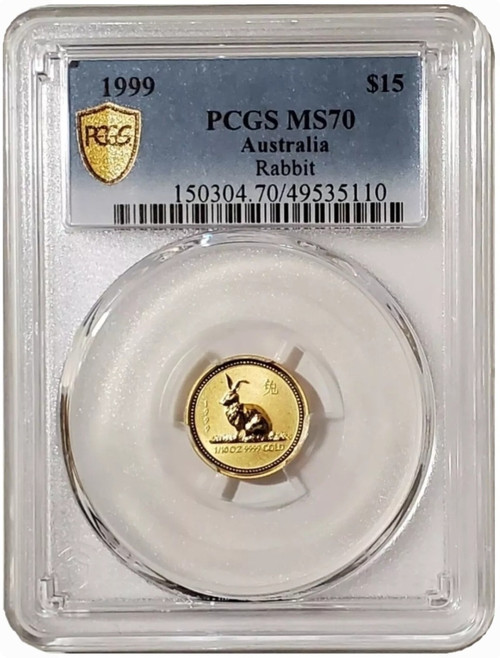1999 1/10 Oz GOLD $15 Australia YEAR OF THE RABBIT PCGS MS70 Serie 1 Gold Shield Label Coin.
