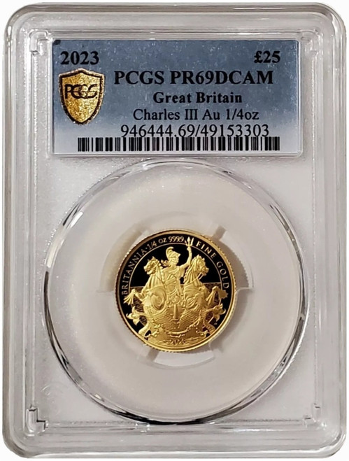 2023 1/4 Oz GOLD £25 King Charles III BRITANNIA PCGS PR69DCAM Gold Shield Label Proof Coin.