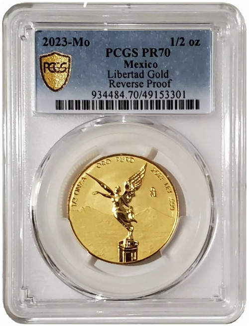 2023 1/2 Oz GOLD Reverse Proof MEXICAN LIBERTAD PCGS PR70 Gold Shield Label Coin.