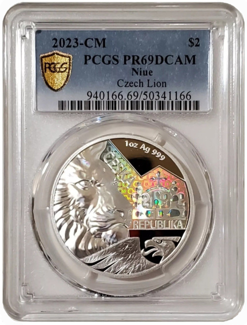 2023 1 Oz Silver $2 Niue HOLOGRAM CZECH LION PCGS PR69DCAM Proof Coin.