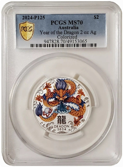 2024 2 Oz Silver $2 Australia YEAR OF THE DRAGON PCGS MS70 Colored Coin.