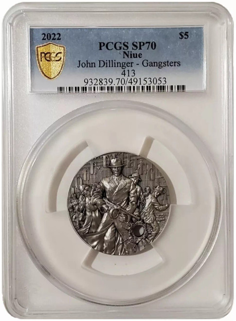2023 2 Oz Silver $5 Niue The Gangsters JOHN DILLINGER PCGS SP70 Antique Finish Gilded Coin.