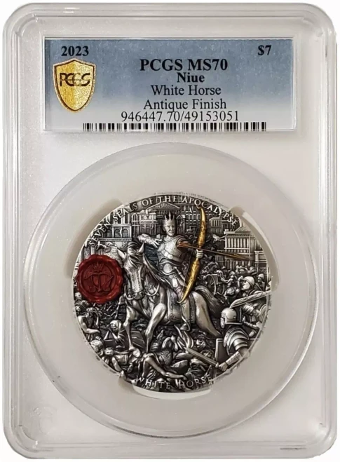 2023 3 Oz Silver $7 Niue Seven Seals Of The Apocalypse WHITE HORSE PCGS MS70 Antique Finish Coin.