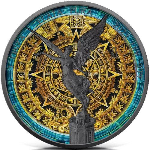 2023 1 Oz Silver MEXICAN AZTEC CALENDAR LIBERTAD Ruthenium Colored Coin.