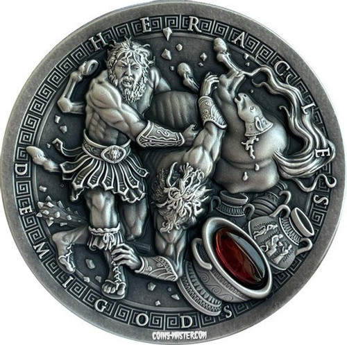 2021 2 Oz Silver Niue $2 Demigods HERACLE Antique Coin WITH Red Garnet Insert.