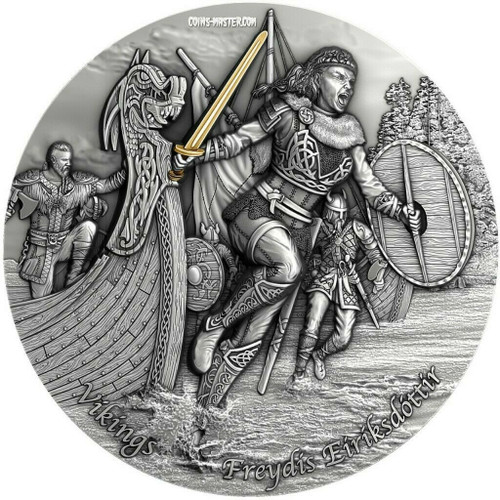 2021 2 Oz Silver $5 Niue Vikings FREYDIS EIRIKSDOTTIR Antique Finish Coin.