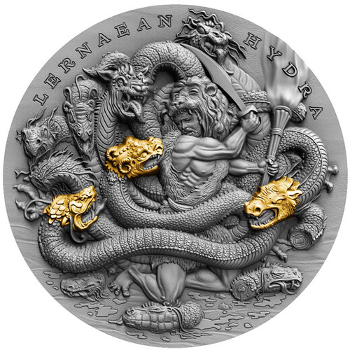 2019 2 Oz Silver $5 Niue Twelve Labours Of Hercules LERNAEAN HYDRA Antique Finish Coin.