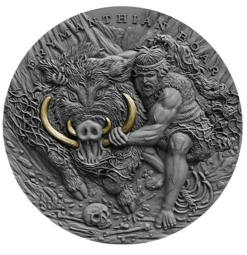 2020 2 Oz Silver $5 Niue Twelve Labours Of Hercules ERYMANTHIAN BOAR Antique Finish Coin.