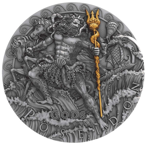 2018 2 Oz Silver $2 Niue Gods POSEIDON GOD OF OCEANS Antique Finish Coin.