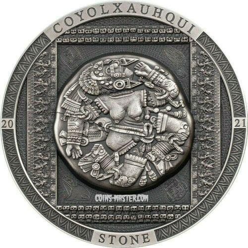 2021 3 Oz Silver $25 Cook Islands AZTEC COYOLXAUHQUI STONE Archeology Symbolism Antiqued Coin.