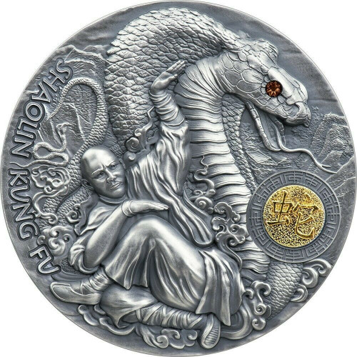 2021 2 Oz Silver $5 Niue Martial Arts SHAOLIN KUNG FU SNAKE Antique Finish Coin.