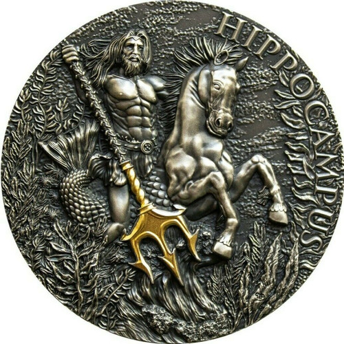 2021 2 Oz Silver 2000 Francs Cameroon HIPPOCAMPUS Antique Finish Coin.