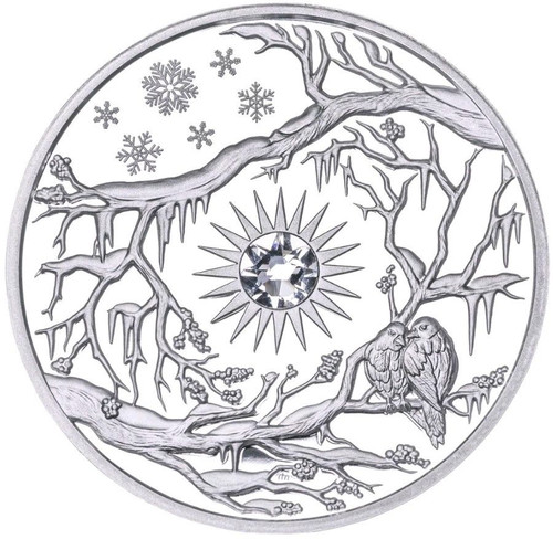 2017 Niue $5 WINTER Birds & Snow 2 Oz PROOF Silver Coin.