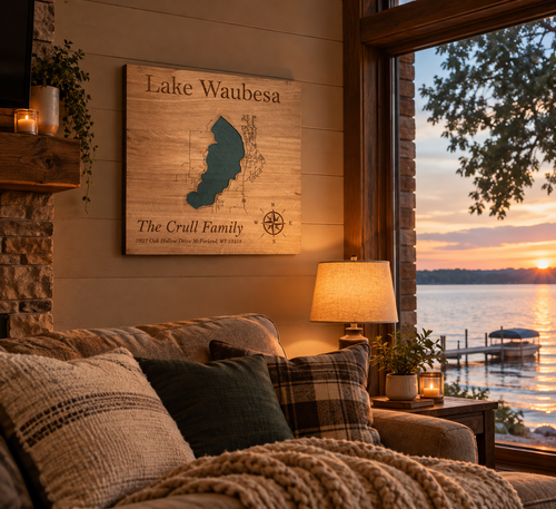 Custom Laser-Engraved Wooden Lake Map Sign – 15" x 15" Premium Cherry Wood