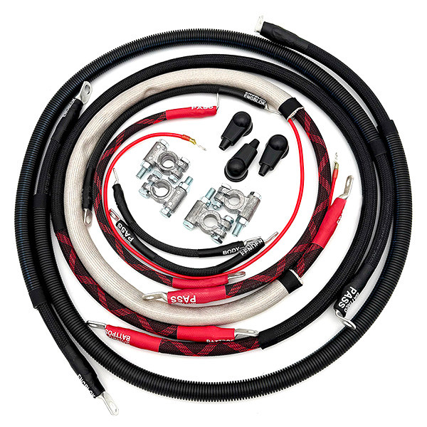 Battery Cable Kit - 2/0GA - Straight (Denso or other high torque) - HO Alternator - w/Black Red/Spyder Wrap - 1999-2003 Ford 7.3L Power Stroke - F250/F350 - FPSD99-73-00G-ST-HO-RBR