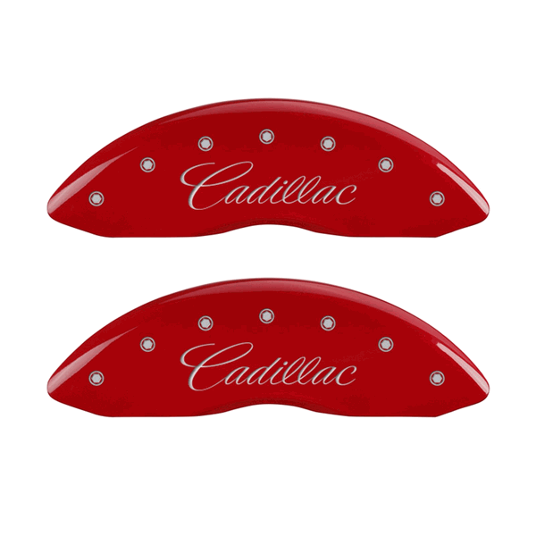 MGP Caliper Covers Cadillac Cursive Logo Red Finish Silver Characters (07-16 Escalade) 35015SCADRD