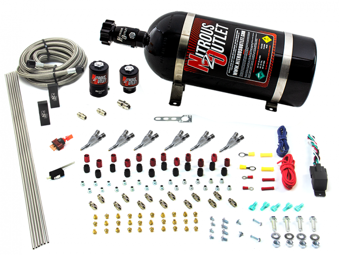 Nitrous Outlet 6 Cylinder 2 Solenoid Direct Port System With Distribution Blocks and Straight Blow Through Nozzles Low Fuel Pressure Gas 00-10398-SBT