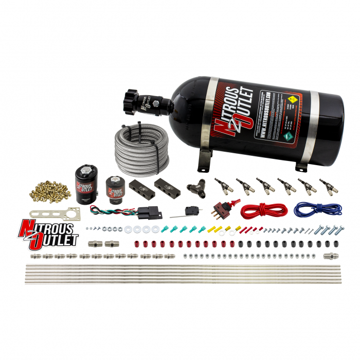 Nitrous Outlet 6 Cylinder 2 Solenoid Direct Port System With Distribution Blocks and 90 Degree Nozzles High Fuel Pressure E85 00-10399-E85