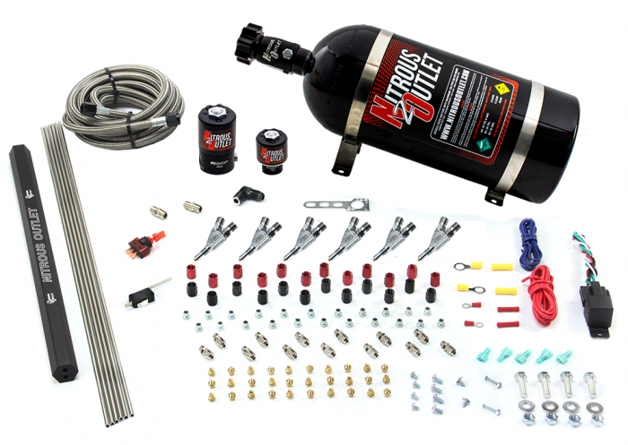 Nitrous Outlet 6 Cylinder 2 Solenoid Direct Port System With Single Injection Rail and Straight Blow Through Nozzles High Fuel Pressure Gas 00-10399-R-SBT