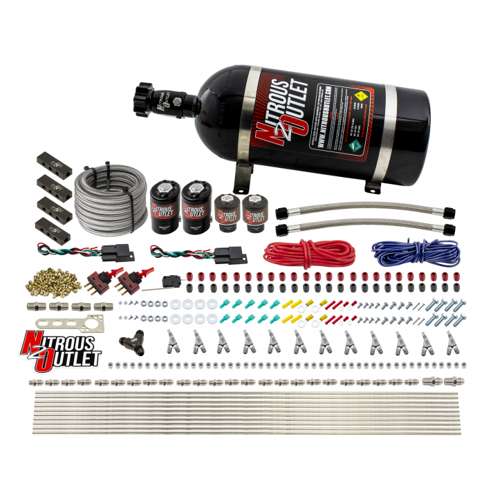Nitrous Outlet 6 Cylinder 4 Solenoid Dual Stage Direct Port System With Distribution Blocks and Straight Blow Through Nozzles High Fuel Pressure Gas 00-10399-SBT-DS