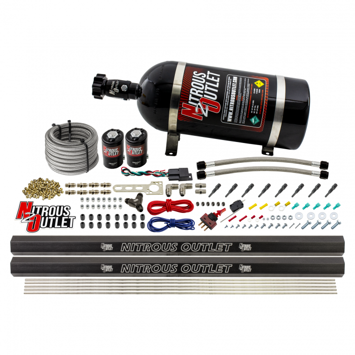 Nitrous Outlet 8 Cylinder 2 Solenoid Dry Direct Port System With Dual Rails - .122" Nitrous - Straight Blow Through Nozzles 00-10471-H-R-SBT