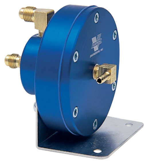 Vortech 12 to 1 fuel management unit with blue anodized aluminum body and 1/4 inch barb fittings