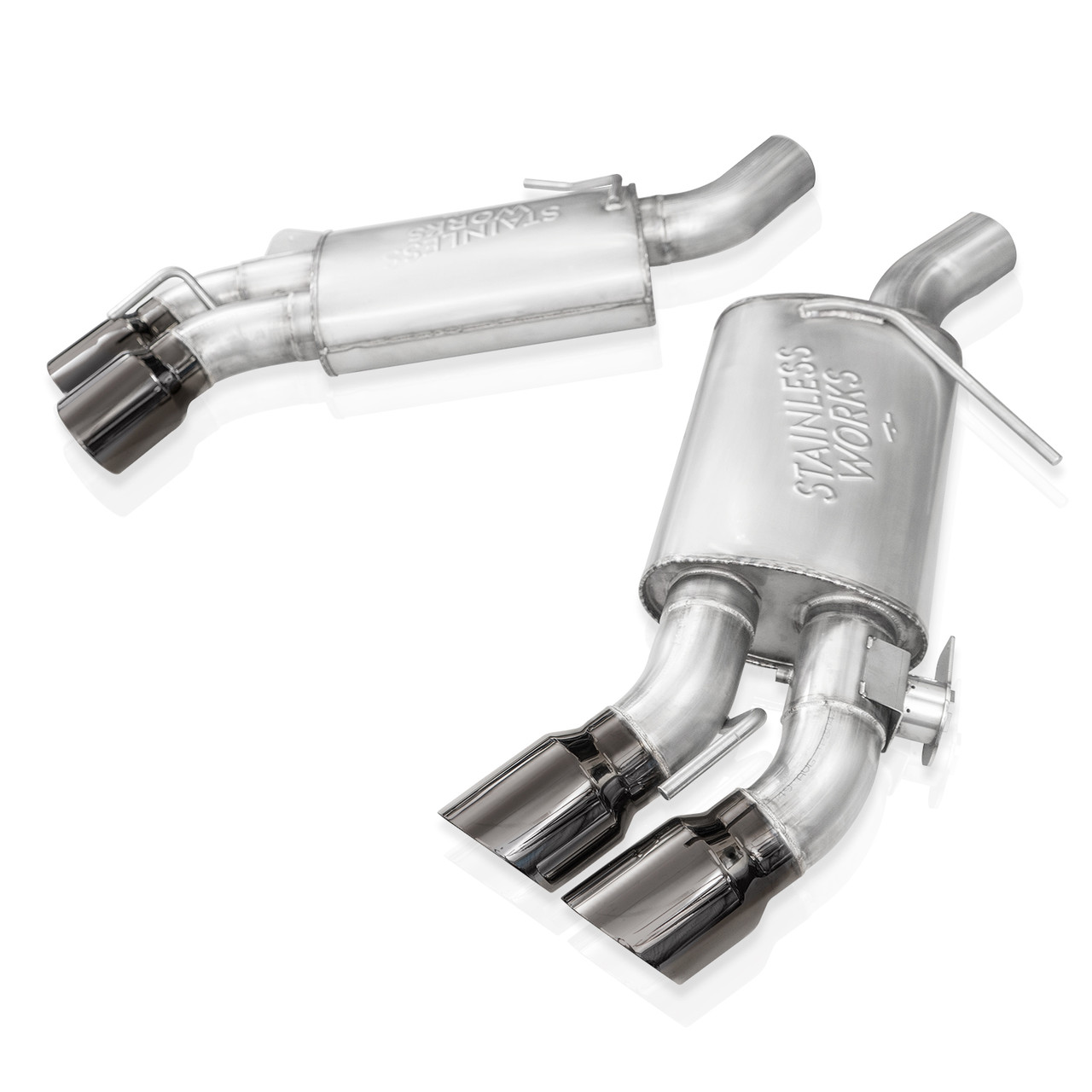 Stainless Works Legend Axleback Exhaust - Factory Connect - Chrome Black Tips (2016 - 2024 Camaro SS w/ Dual Valves) CA16RVMKFLBC