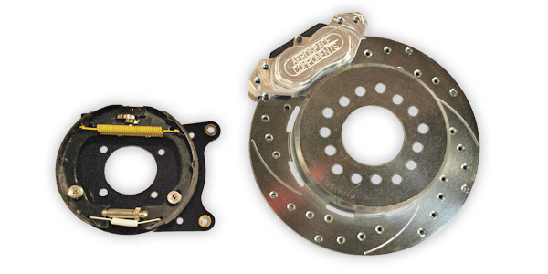Aerospace Components Rear Pro Street Drilled, Slotted and Zinc Plated Brake Kit With Parking Brake Olds/ Pontiac Housing Ends