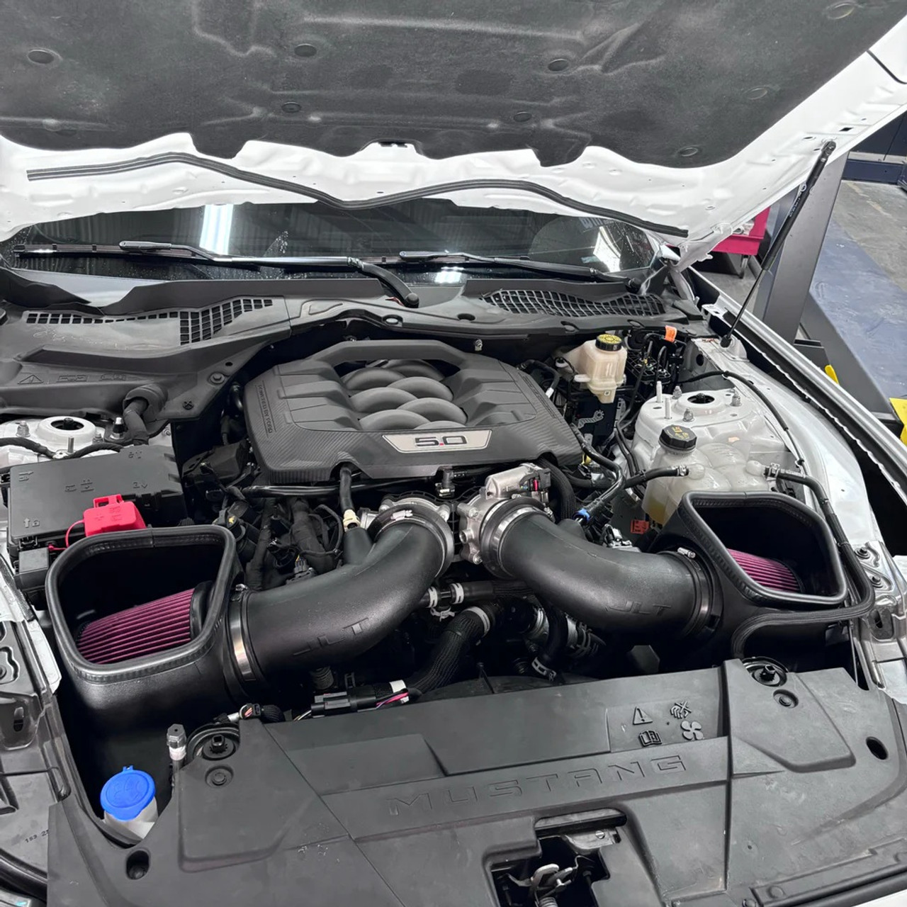 JLT 2024 2025 Mustang GT 5.0L cold air intake. JLT Part Number CAI-75-5200. Installed Pic, Twin Air Filters.