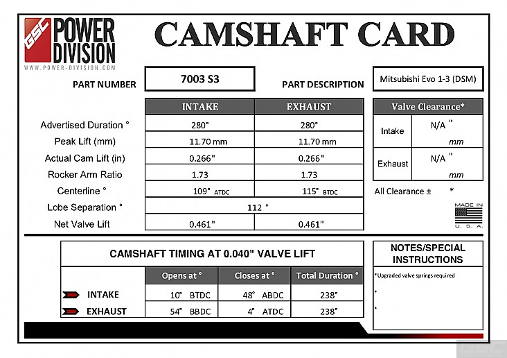 GSC Power Division Billet S3 Camshafts (Mitsubishi Evo 1-3 / DSM) - GSC7003S3