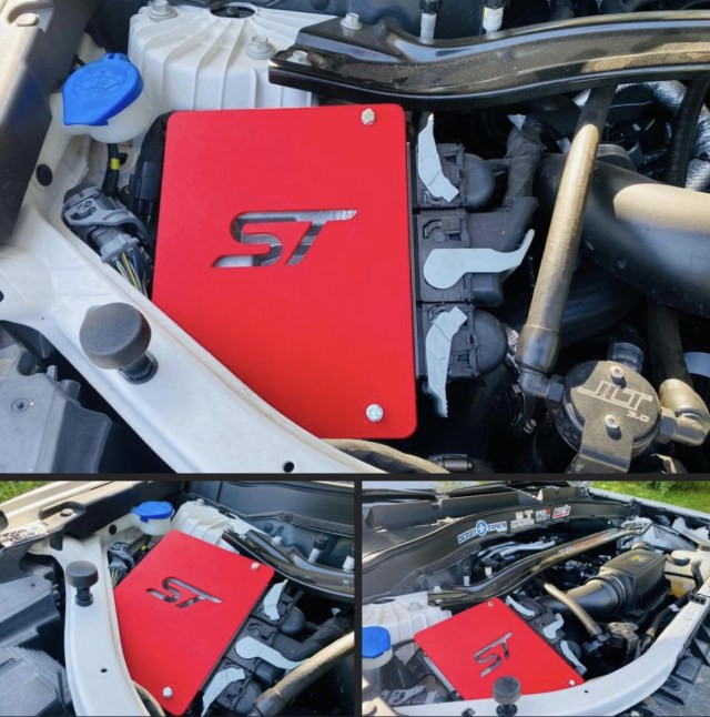 FenFabrication red ECU cover with black backing plate for Ford Explorer ST