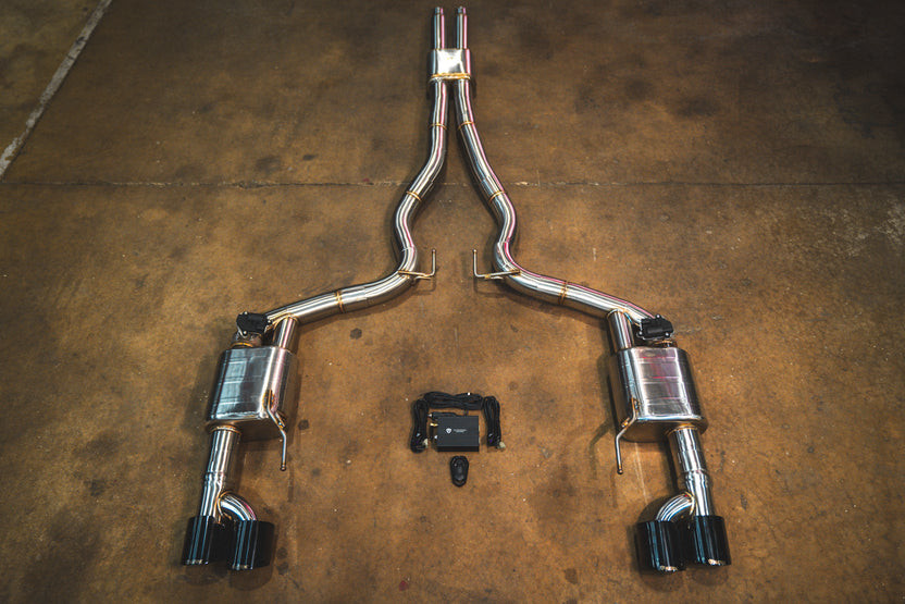 Valvetronic Valved Sport Exhaust System - Stainless Steel - Quad Black Tips (2015 - 2026 Ford Mustang GT S550 /S650) FRD.S550.S650.VSES.BR