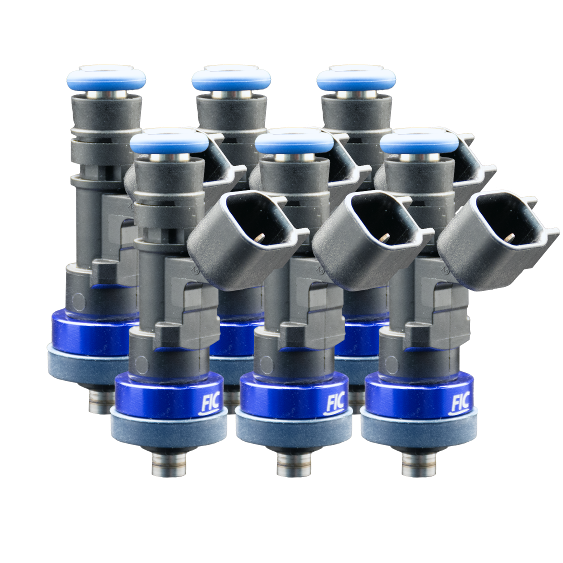 FIC ISC-0525H-6 six cylinder 525cc high performance fuel injector set with flow matching, detailed flow sheet, and solder-in pigtails