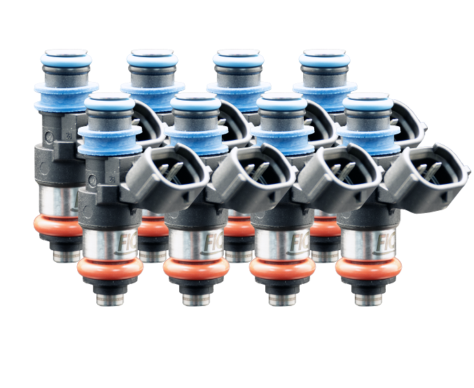 Fuel Injector Clinic 1200-38-11-15-8 1200cc SHORT fuel injector set for eight cylinder engines with 38mm height and 11mm top by 15mm bottom O-rings