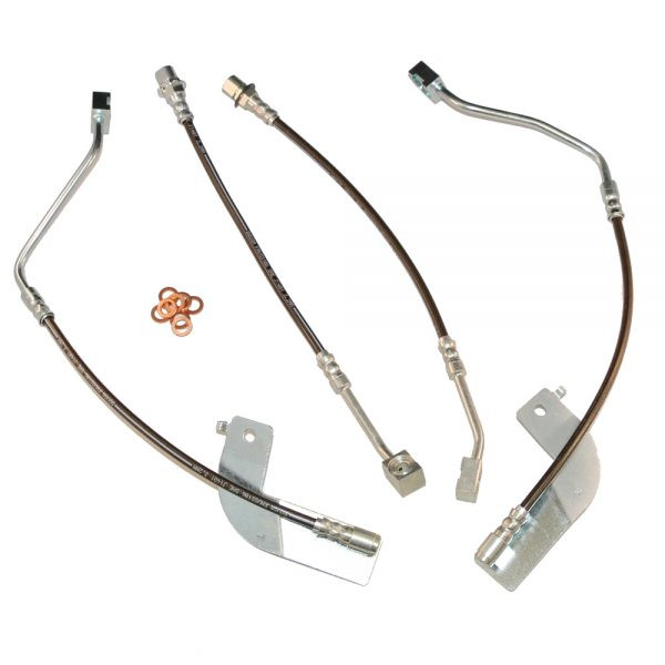 J&M Stainless Steel Brake Hose Kit - Front & Rear - Clear (1999 - 2004 Mustang - Traction Control) 22552-C