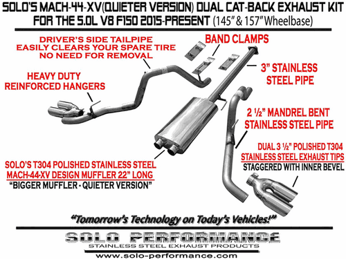 Solo 2015+ F-150 V8 Mach-44-XV Dual Cat-Back Exhaust (157" Wheel Base) (Quieter) 998174