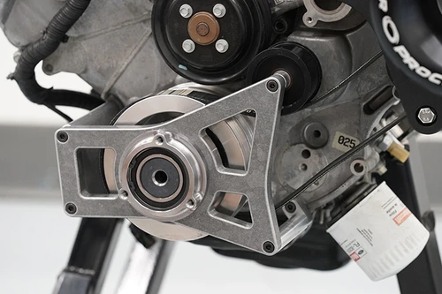 Polished ProCharger crank support for F150 Coyote engine with ATI balancer installed