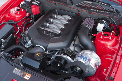 ProCharger i-1 supercharger system installed on 2012-2013 Mustang Boss 302 engine bay