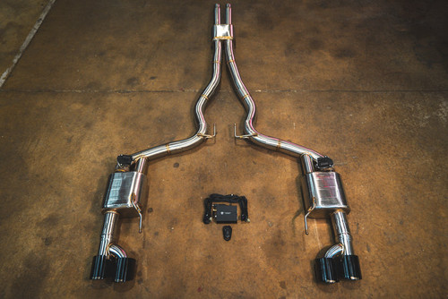 Valvetronic Valved Sport Exhaust System - Stainless Steel - Quad Black Tips (2015 - 2026 Ford Mustang GT S550 /S650) FRD.S550.S650.VSES.BR