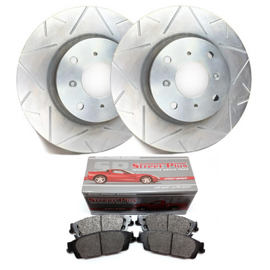 SP Performance Peak Series Slotted Rotors w/ Silver Zinc Coating and Metallic Pads – Front Pair (15-20 Standard GT, EcoBoost w/ Performance Pack)…