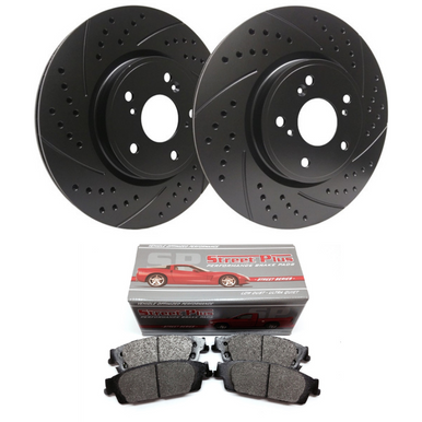 SP Performance Doubled Drilled & Slotted Rotors w/ Black Zinc Coating and Metallic Pads – Front Pair (15-20 Standard GT, EcoBoost w/ Performance…