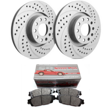 SP Performance Double Drilled & Slotted Rotors w/ Gray ZRC and Metallic Pads – Front Pair (15-20 GT w/ Brembo Package) S54-1116MD1792