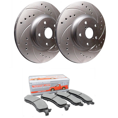 SP Performance Cross-Drilled & Slotted Rotors w/ Silver Zinc Coating and Ceramic Pads – Front Pair (15-20 Standard GT, EcoBoost w/ Performance…