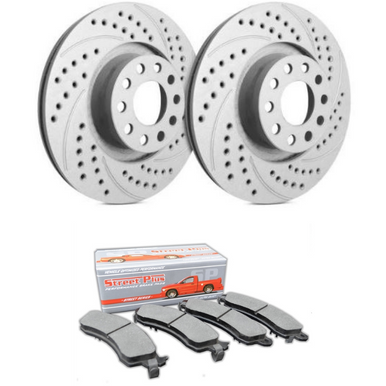 SP Performance Doubled Drilled & Slotted Rotors w/ Gray ZRC and Ceramic Pads – Front Pair (15-20 Standard GT, EcoBoost w/ Performance Pack)…