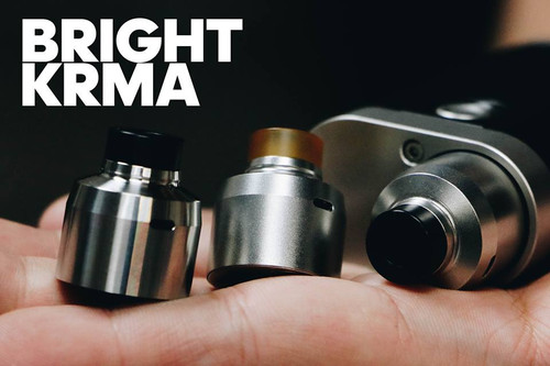 Mission XV - "KRMA Bright RDA". Shown beside standard brushed cap and mounted to mod for demonstration purposes only. The brushed cap and mod are NOT included in this sale. This sale is only for the KRMA Bright RDA.