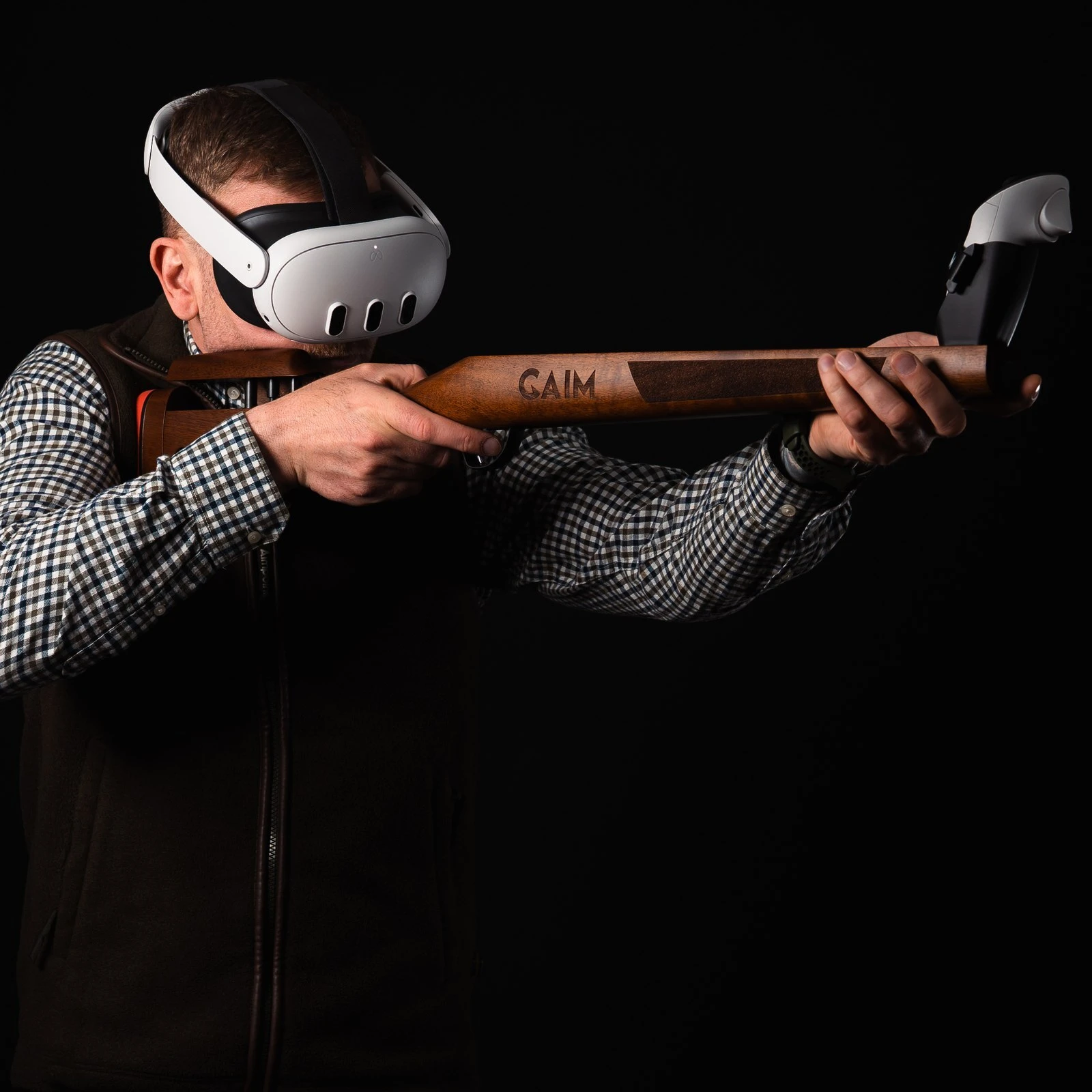 Shooter training with a GAIM stock and a VR headset